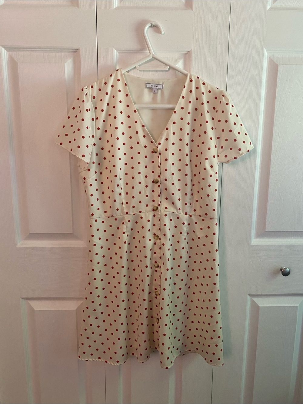 Cream Polka Dot Button-Front Dress with Red Dots - Picture 2 of 4